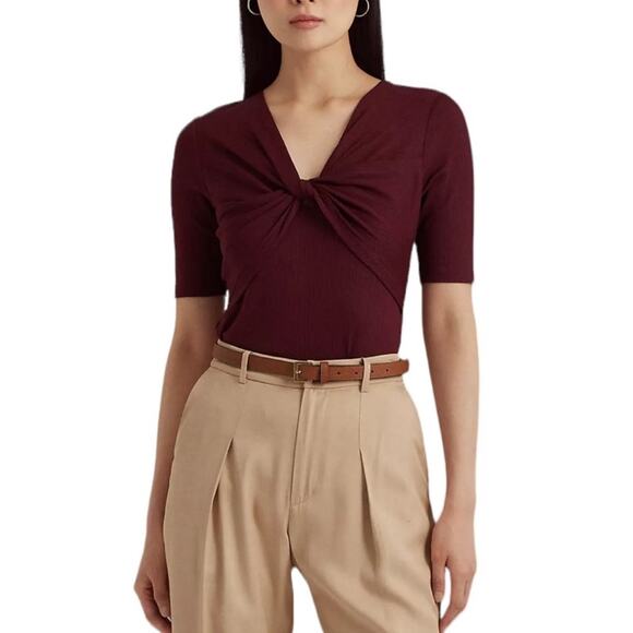 Lauren Ralph Lauren Mariya Mid Sleeve Twist Front Rib Knit Tshirt NEW Size Small - Picture 1 of 7
